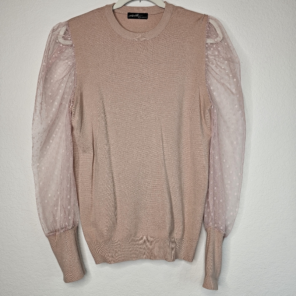 On Twelfth Swiss Dot Sheer Puff Sleeve Pink Sweater Large